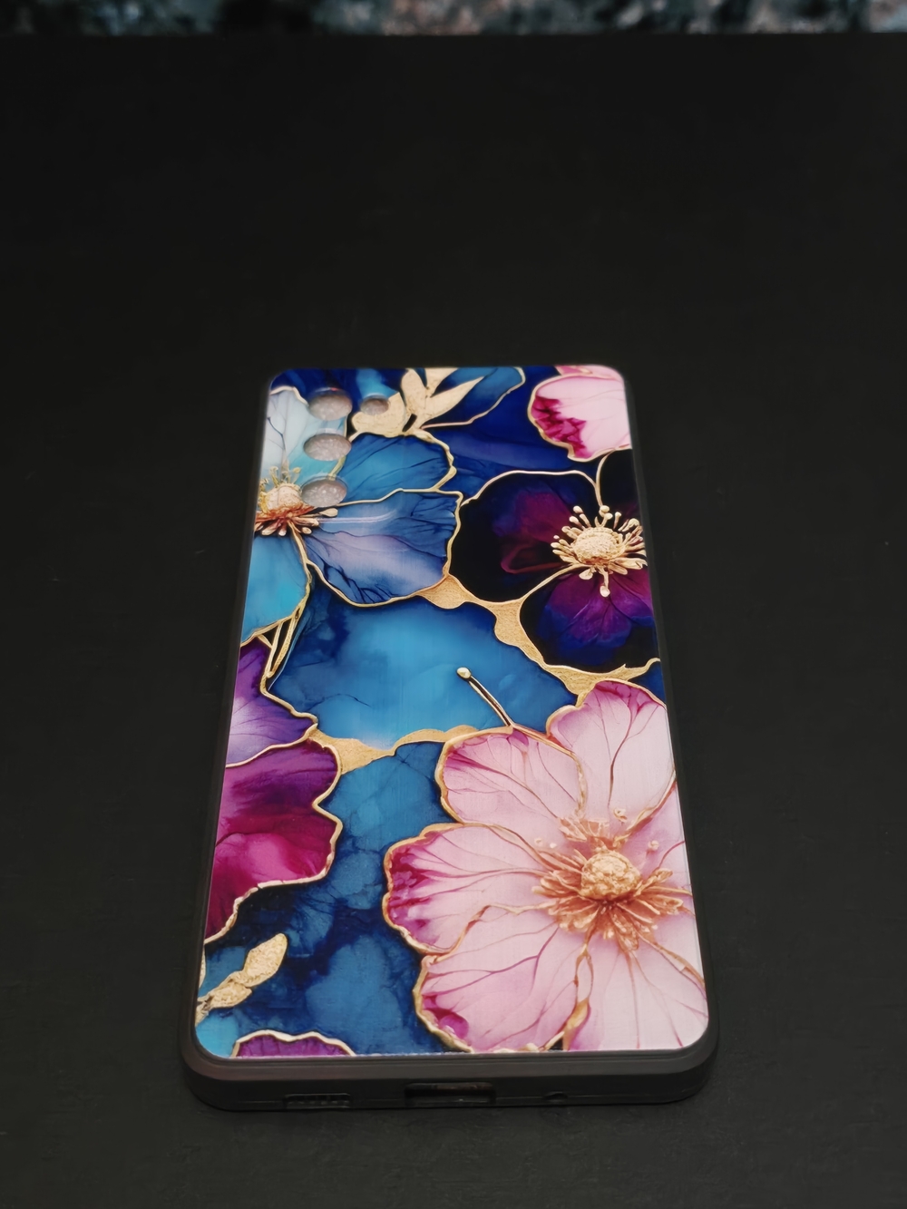 Floral Blue & Pink Phone Case with Gold Accents